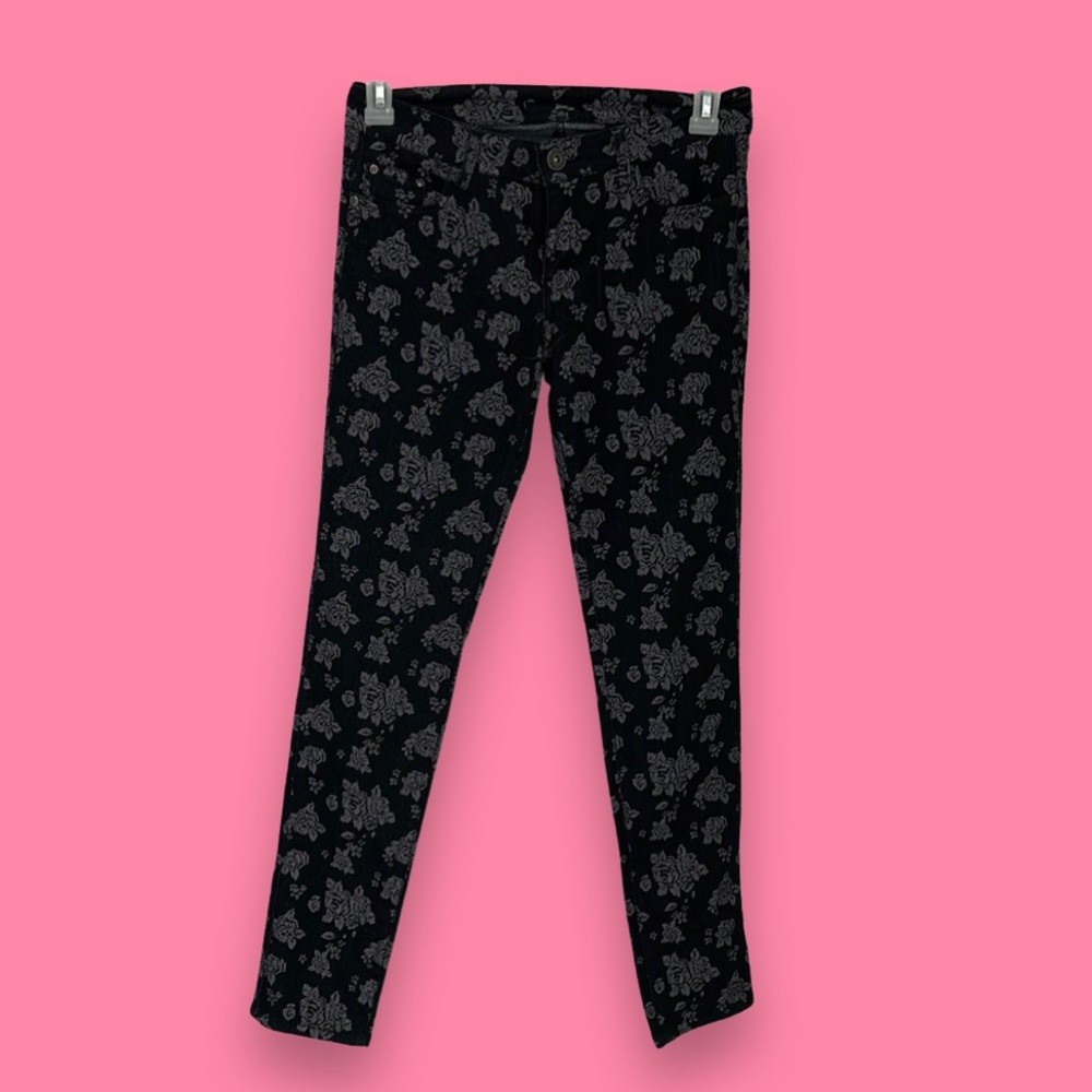 Black Jeans with Light Gray Flower Print